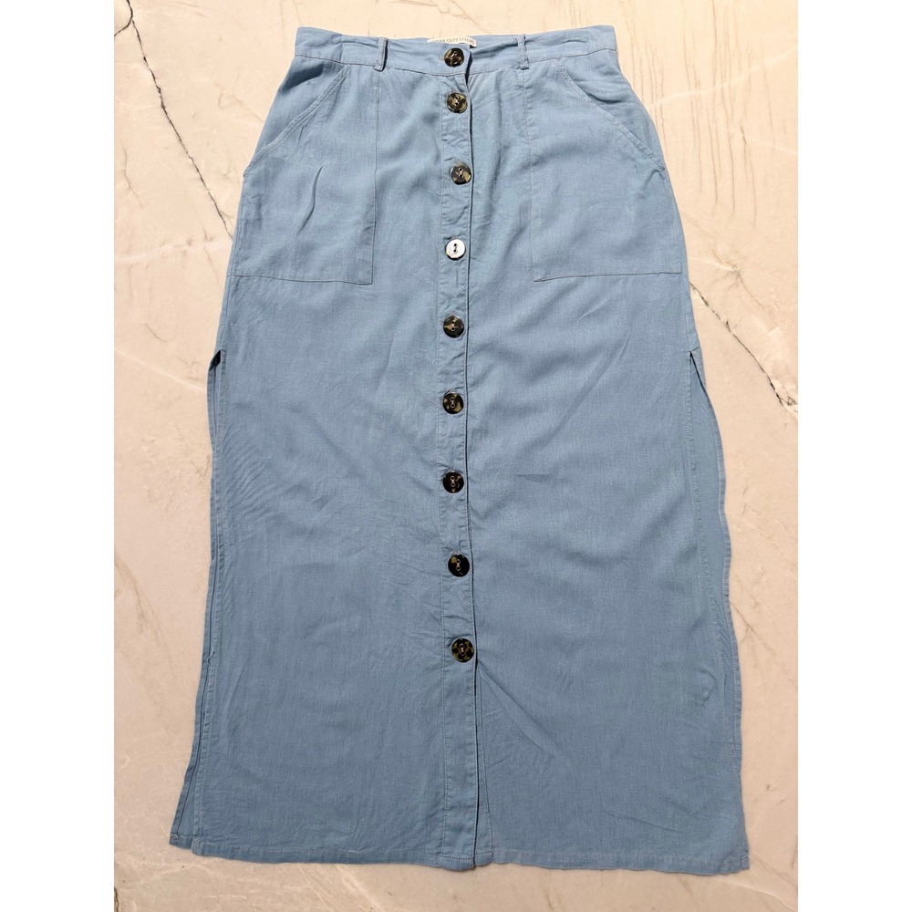 Urban Outfitters Blue Button Front Midi Skirt High Waist Pockets Slit Light Blue
